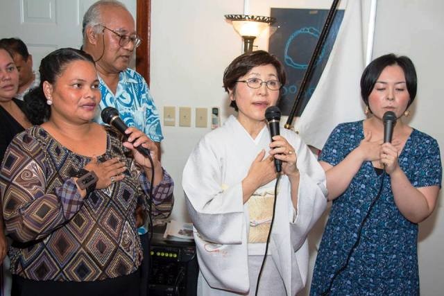 singing Japanese and FSM national anthem. (from left) Ms. Eileen, Madam and Mrs. Omae