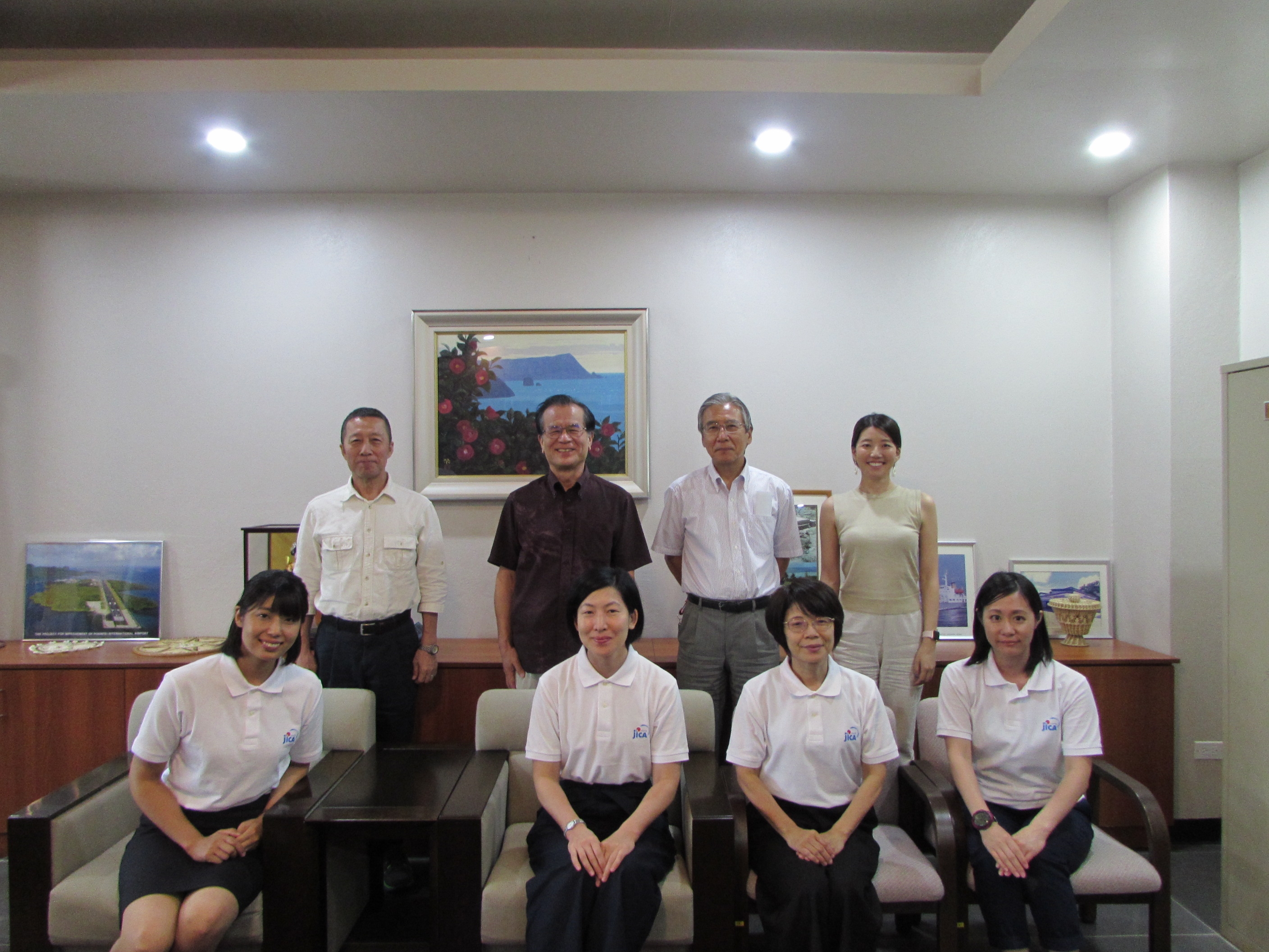 Second row, from left) Mr. Sakane, Ambassador Horie,Mr. Shibata (JICA Resident Representative) and Ms. Matsuoka (JICA staff) (First row, from left) Ms. Nakajima, Ms. Nishida, Ms. Ohashi and Ms. Horiguchi