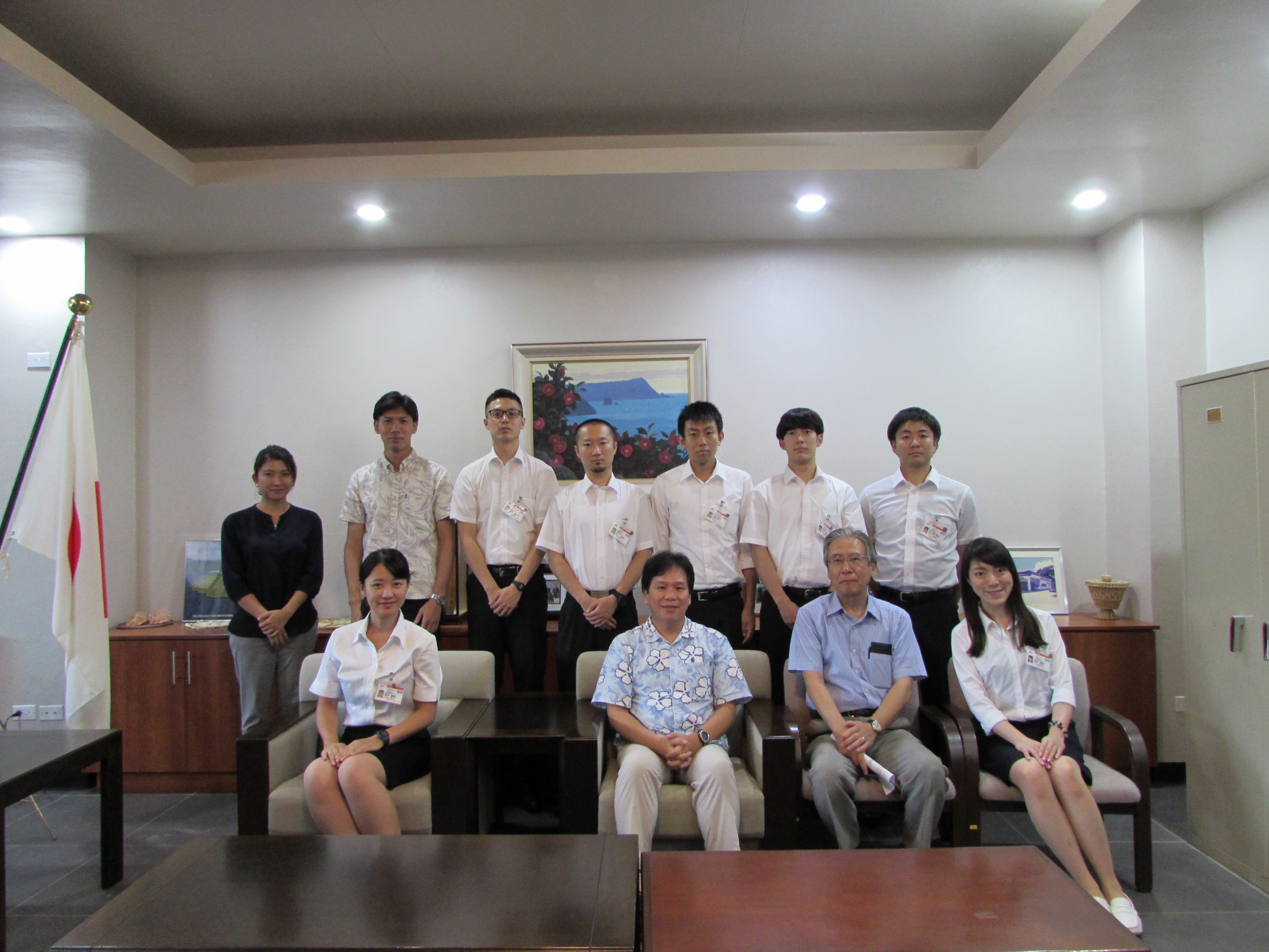 (Second row, from left) Ms. Iizuka, Mr. Maki, Mr. Kojima, Mr. Tanaka, Mr. Hirano, Mr. Tsuboi, Mr. Yagasaki (First row, from left)Ms. Nozaki, Mr. Sugiyama, Charge d'Affaires ad interim, Mr. Shibata, JICA Resident Representative, Ms. Souma